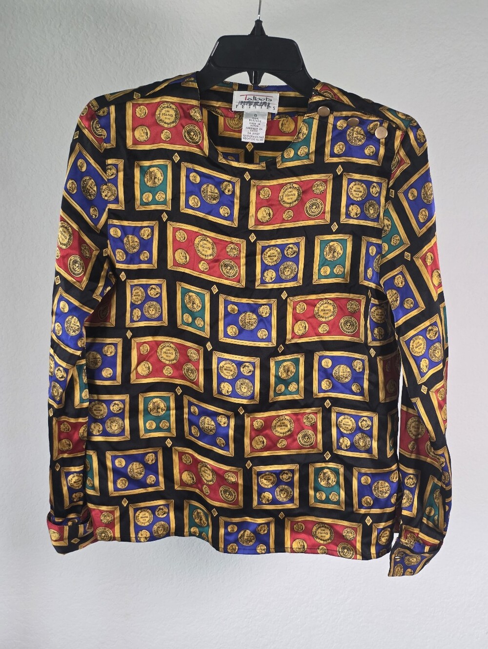 Vintage Talbots 100% Silk Blouse 6p Coin Medallion Print Colorful Boho Artsy